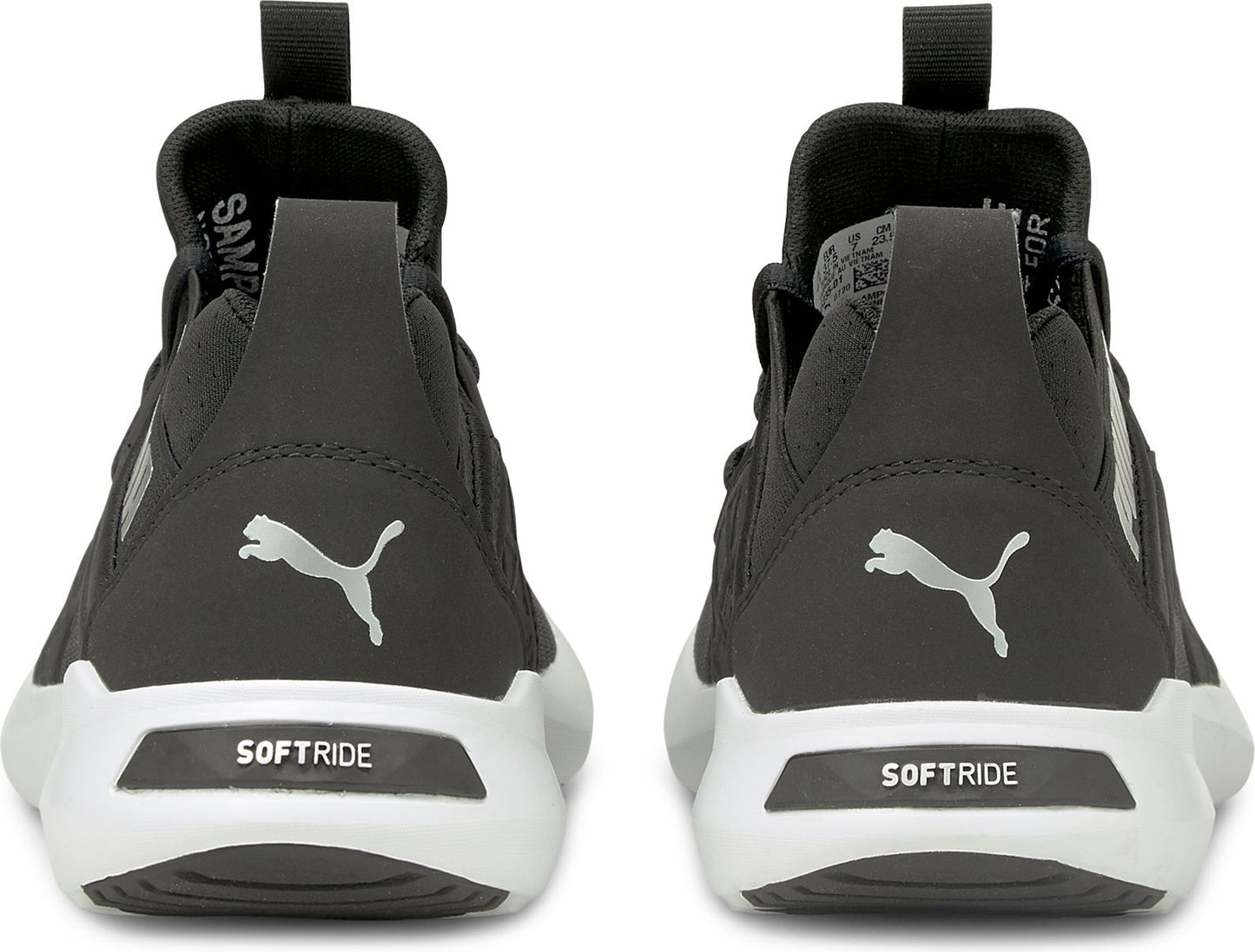 Back view of two black sneakers with a white logo of a cat jumping, and white SOFT RIDE text