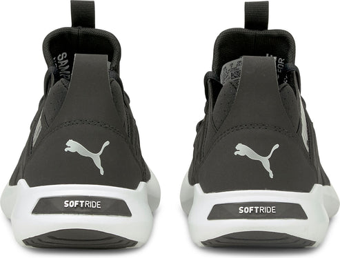 Back view of two black sneakers with a white logo of a cat jumping, and white SOFT RIDE text
