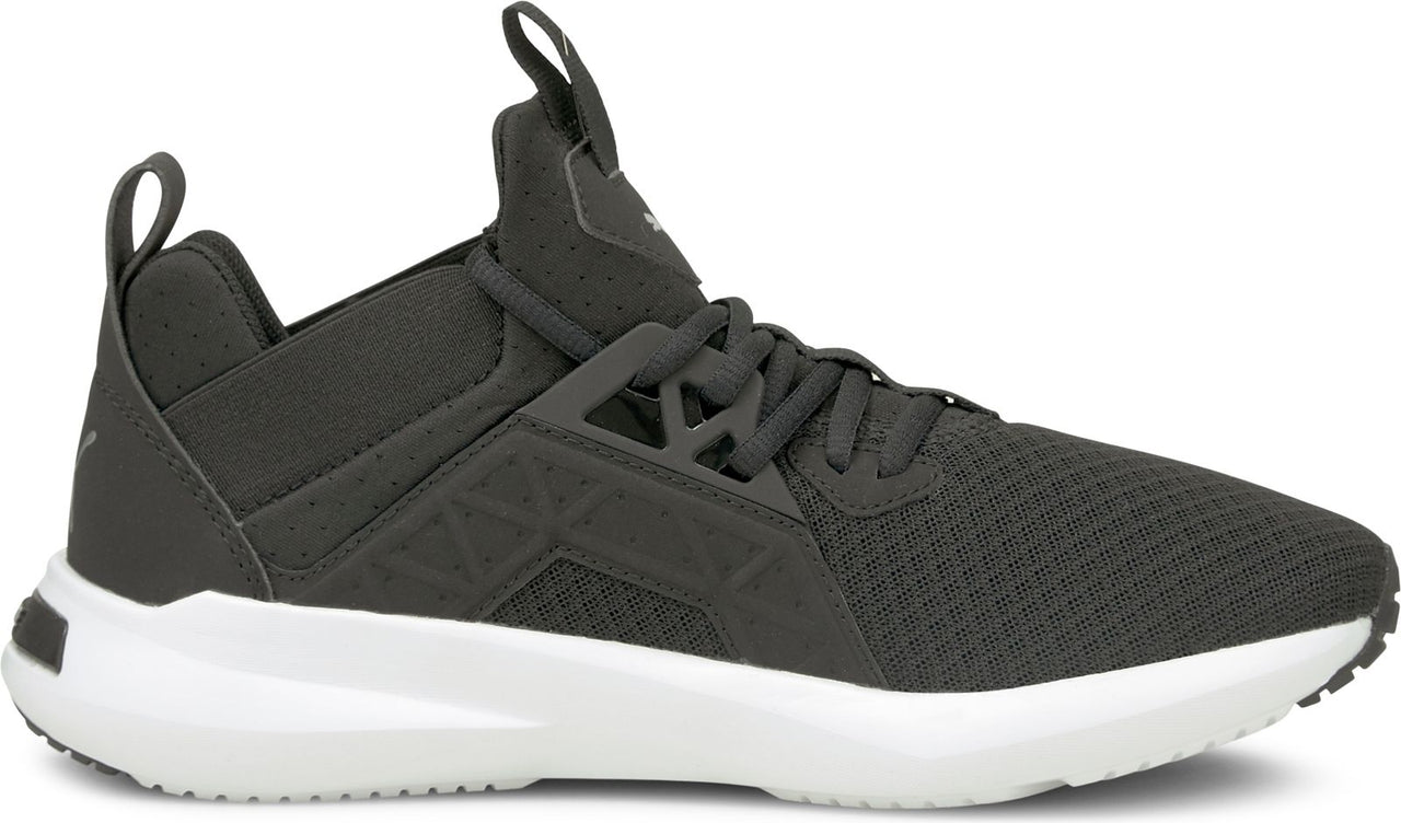 A gray athletic shoe with a white sole.