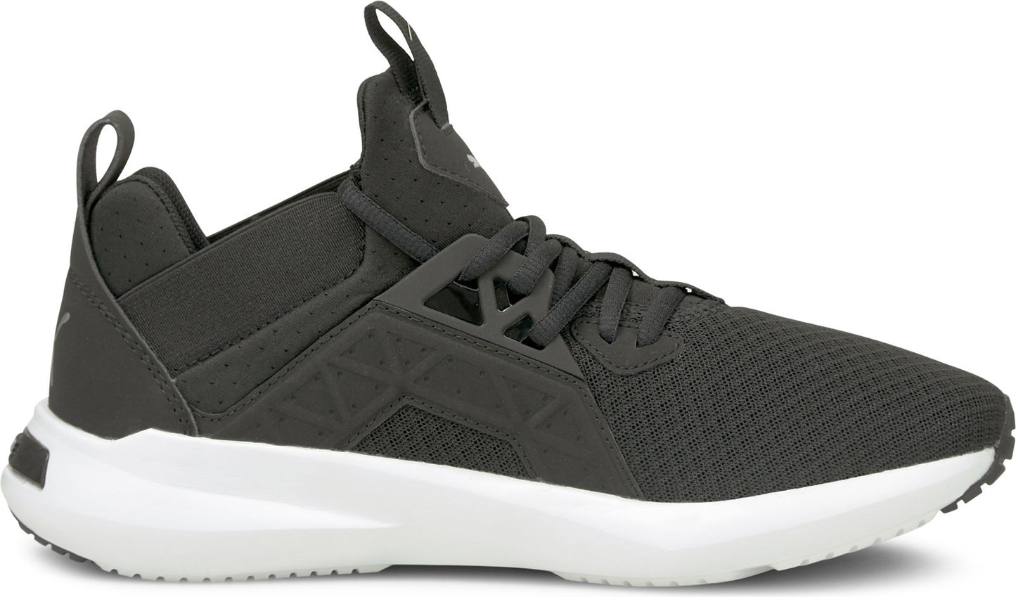 A gray athletic shoe with a white sole.