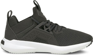 A gray athletic shoe with a white sole.