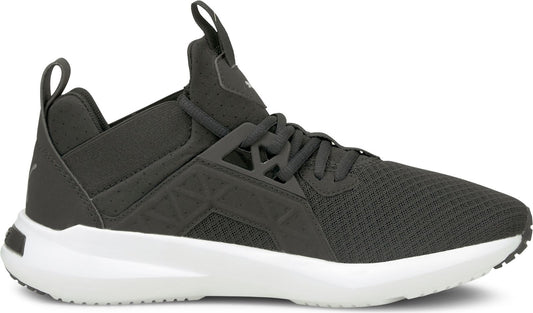 A gray athletic shoe with a white sole.