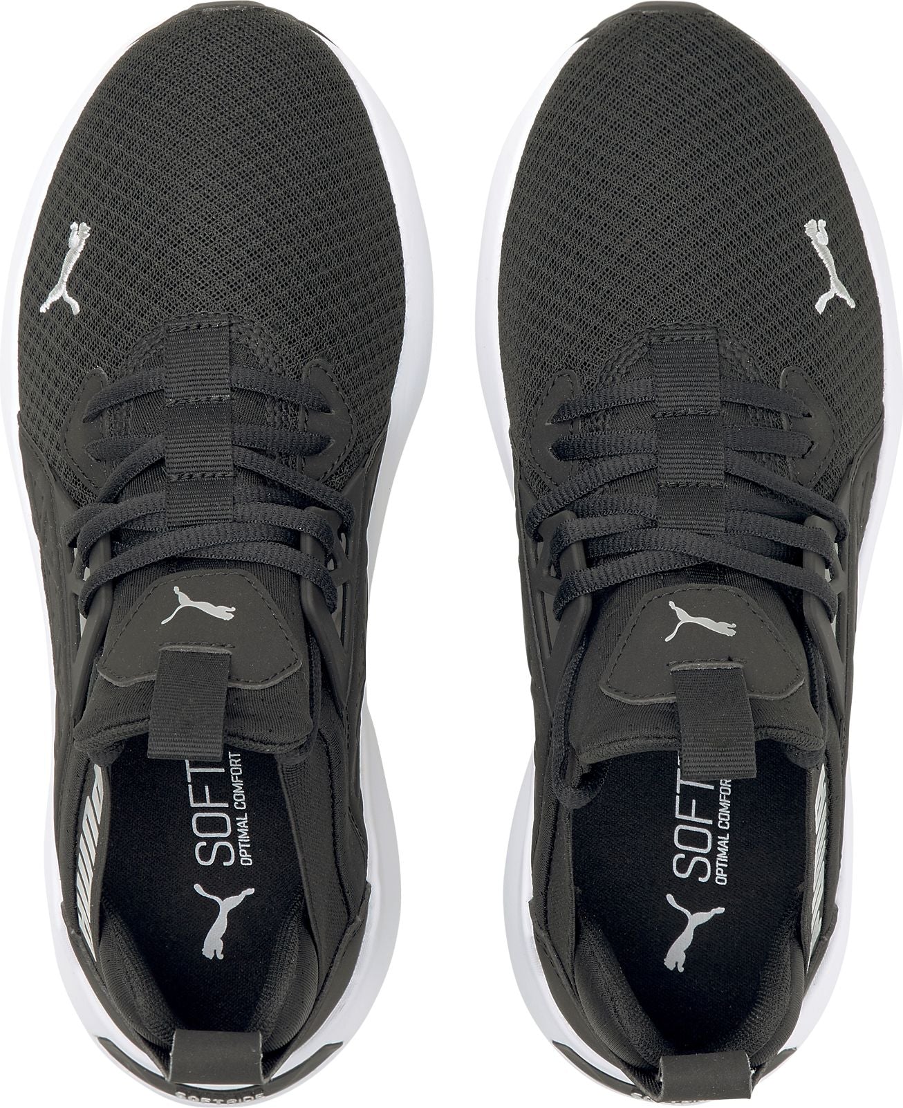 Top-down view of black running shoes with white soles and logo on the sides.