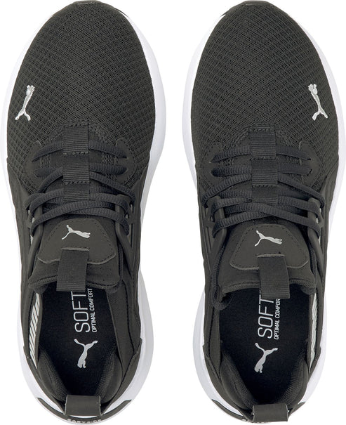 Top-down view of black running shoes with white soles and logo on the sides.