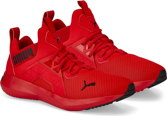 Pair of solid red athletic shoes, high top, with PUMA printed on the heel.