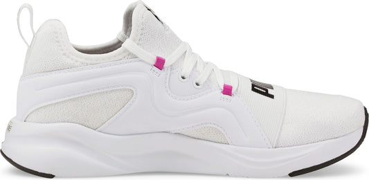 A white sneaker with pink accents.