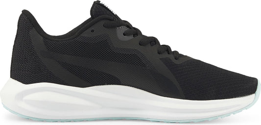 A black running shoe with a white sole.