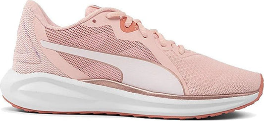 A pink running shoe with white sole and side stripe.