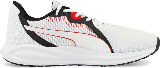 A white and black running shoe with red accents.