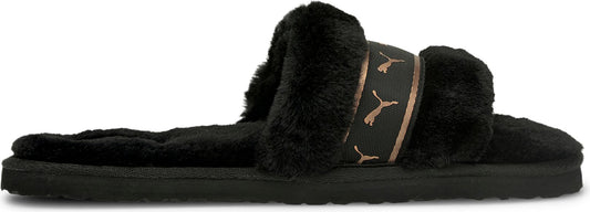 Black furry slide with black strap with golden logos