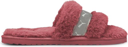 A mauve fuzzy slipper with a patterned gray strap.