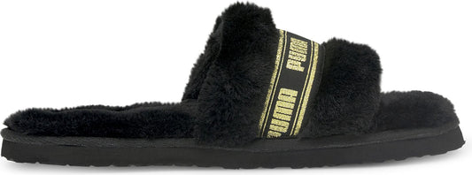 Black fur slide with a band across the top displaying the word PUMA.