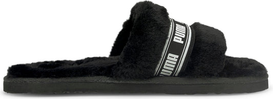 Black, furry slide sandal with a white band that has the text "PUMA" printed on it.
