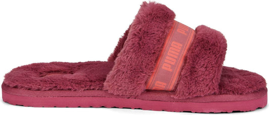 Fuzzy slide sandal with logo band.