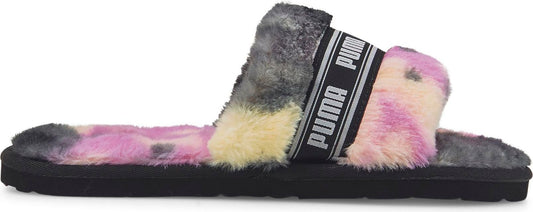 A slide sandal with a black sole and a multi-colored faux fur upper with a black band across the top with white lettering that says "PUMA".