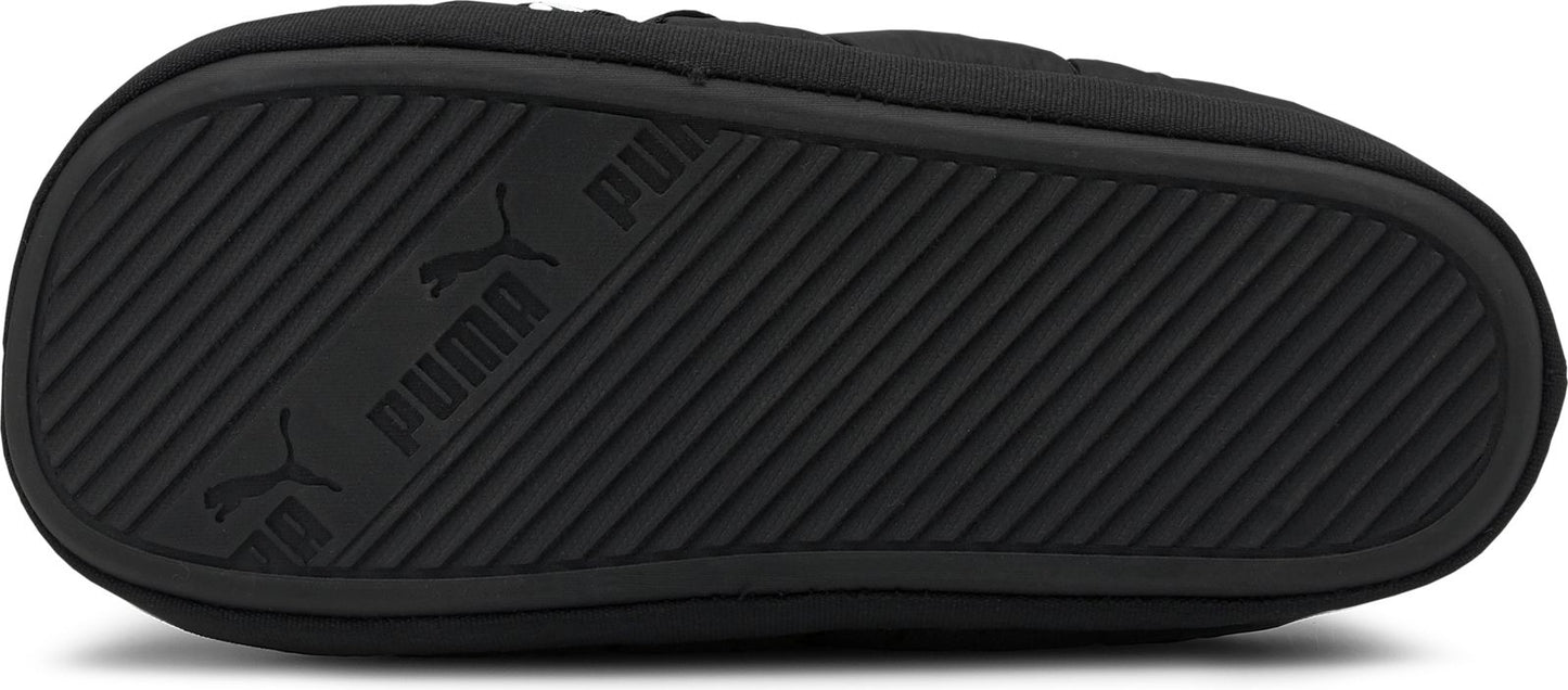 The sole of a black shoe with angled grooves and a logo.