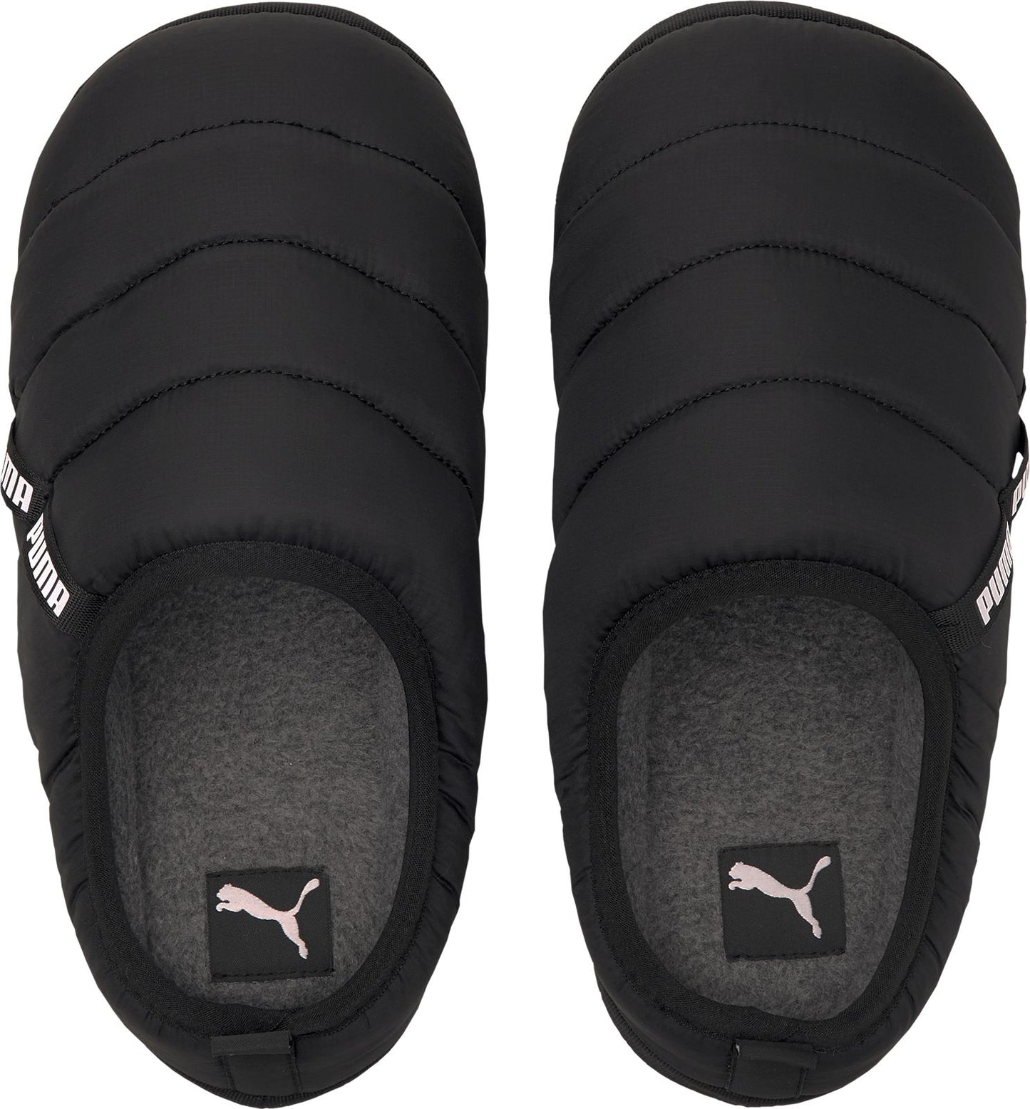 A pair of black puffy indoor slippers with an oval shape and visible PUMA logo on the side.