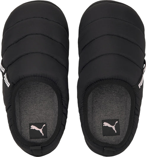 A pair of black puffy indoor slippers with an oval shape and visible PUMA logo on the side.
