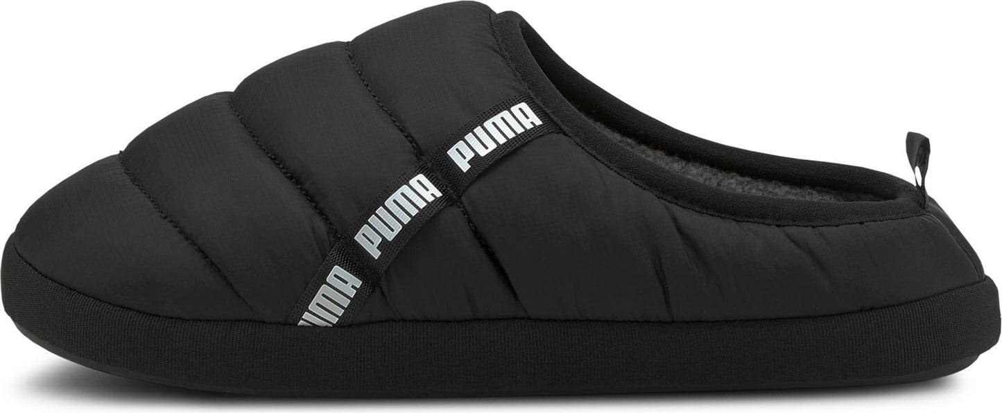Black padded slipper with white bands printed with the word "PUMA".