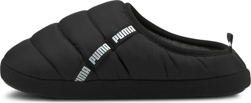 Black padded slipper with white bands printed with the word "PUMA".