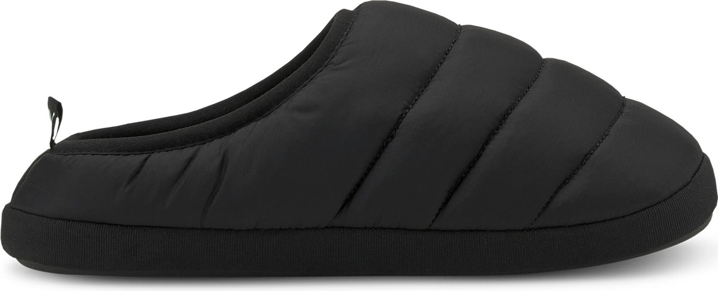 A black puffy slip-on shoe with a black sole.
