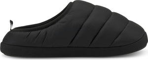 A black puffy slip-on shoe with a black sole.