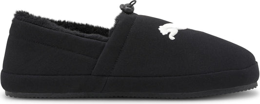 A black slipper with a white logo on the side.