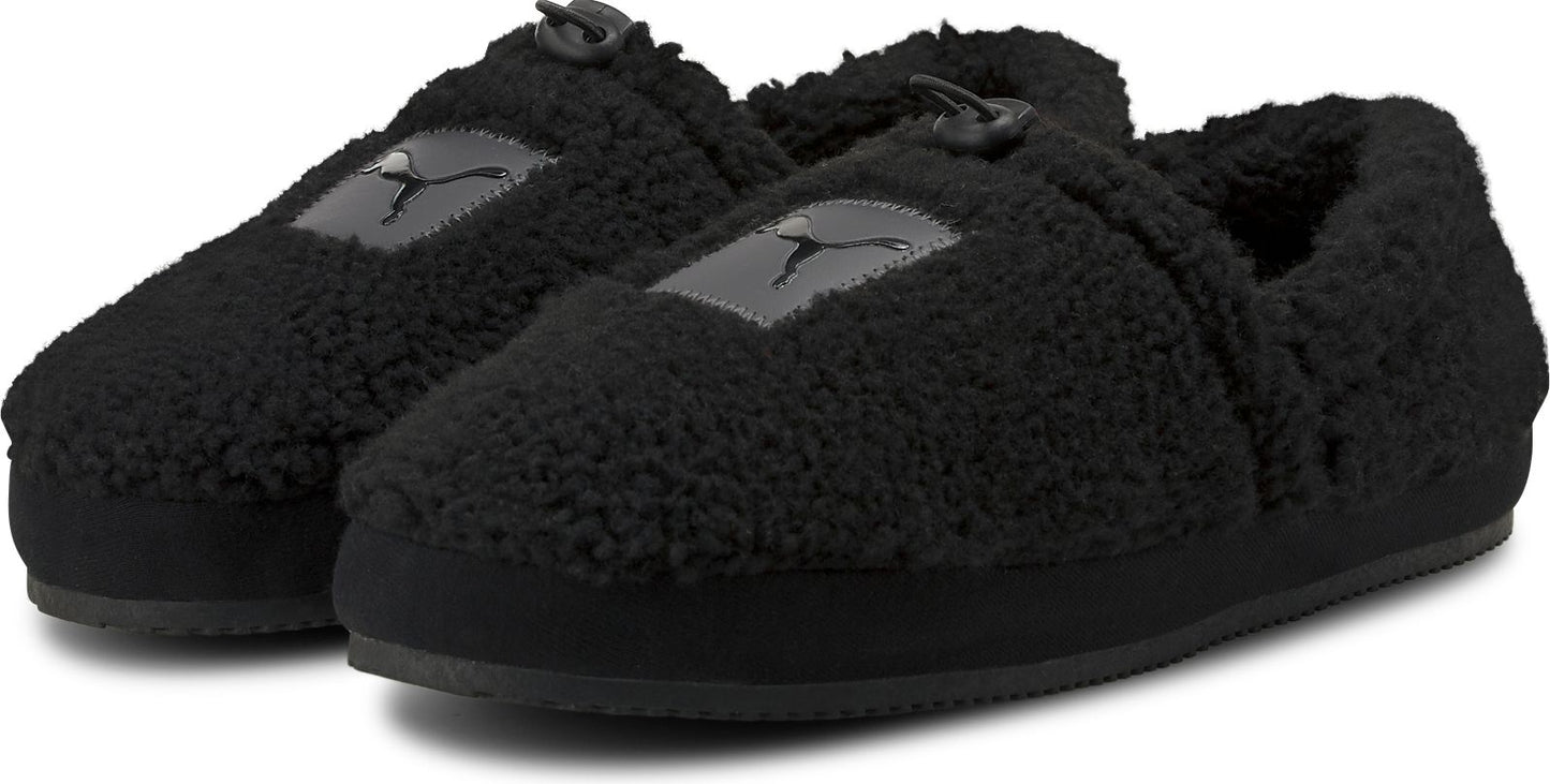 Pair of black, fuzzy Puma scuff slippers.