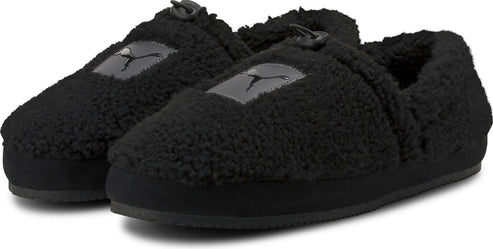 Pair of black, fuzzy Puma scuff slippers.