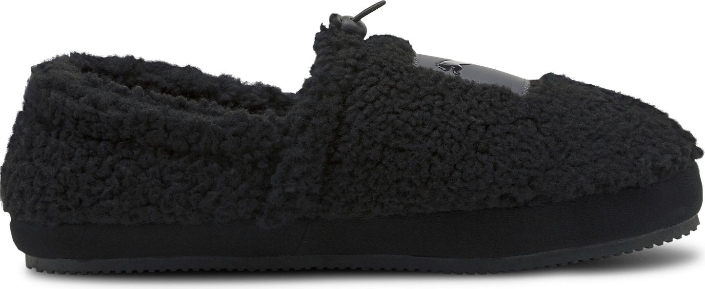 Black slipper with a fuzzy texture.