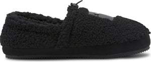 Black slipper with a fuzzy texture.