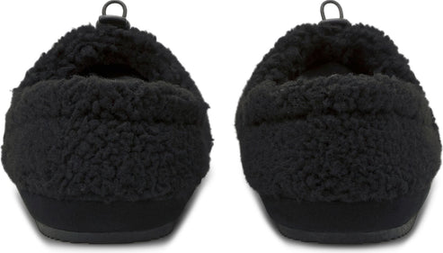 A pair of black, fluffy slippers seen from the back.