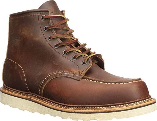 Brown leather work boot with moc toe, white stitching and laces.