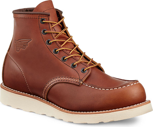 A brown leather ankle boot with white sole and laces.
