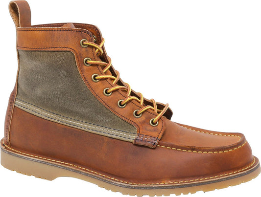 High top, brown leather work boot with laces and olive green canvas panels.