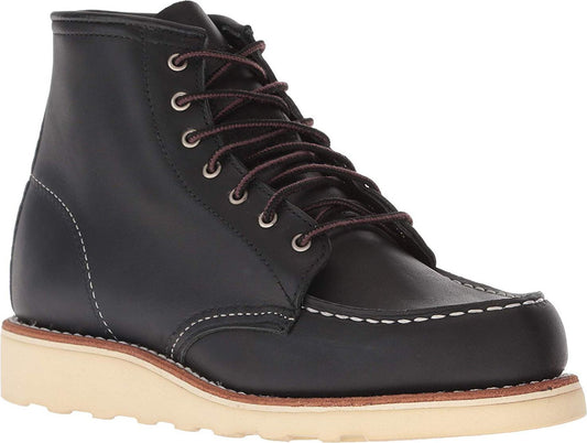 Black leather boot with a white sole and brown laces.