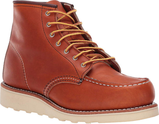 Orange leather ankle boot with yellow laces and white stitching and sole.