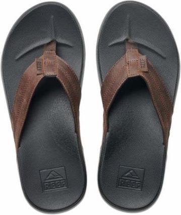 A pair of brown and black thong sandals, top down view.