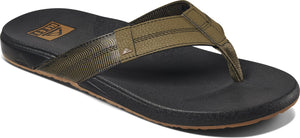 A flip-flop with a black sole and a green strap.