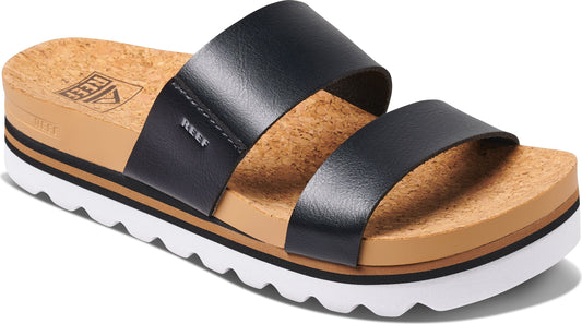 Two-band slide sandals with a cork footbed and white ridged sole.