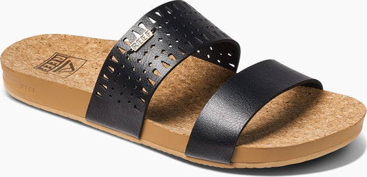 A pair of sandals with black leather straps on a cork sole.