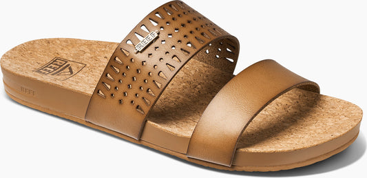 A pair of brown, open-toed sandals with two straps.