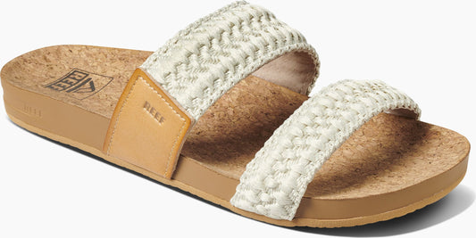 Sandals with two woven straps and a cork footbed.