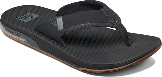A black flip-flop with a thick sole and a logo.