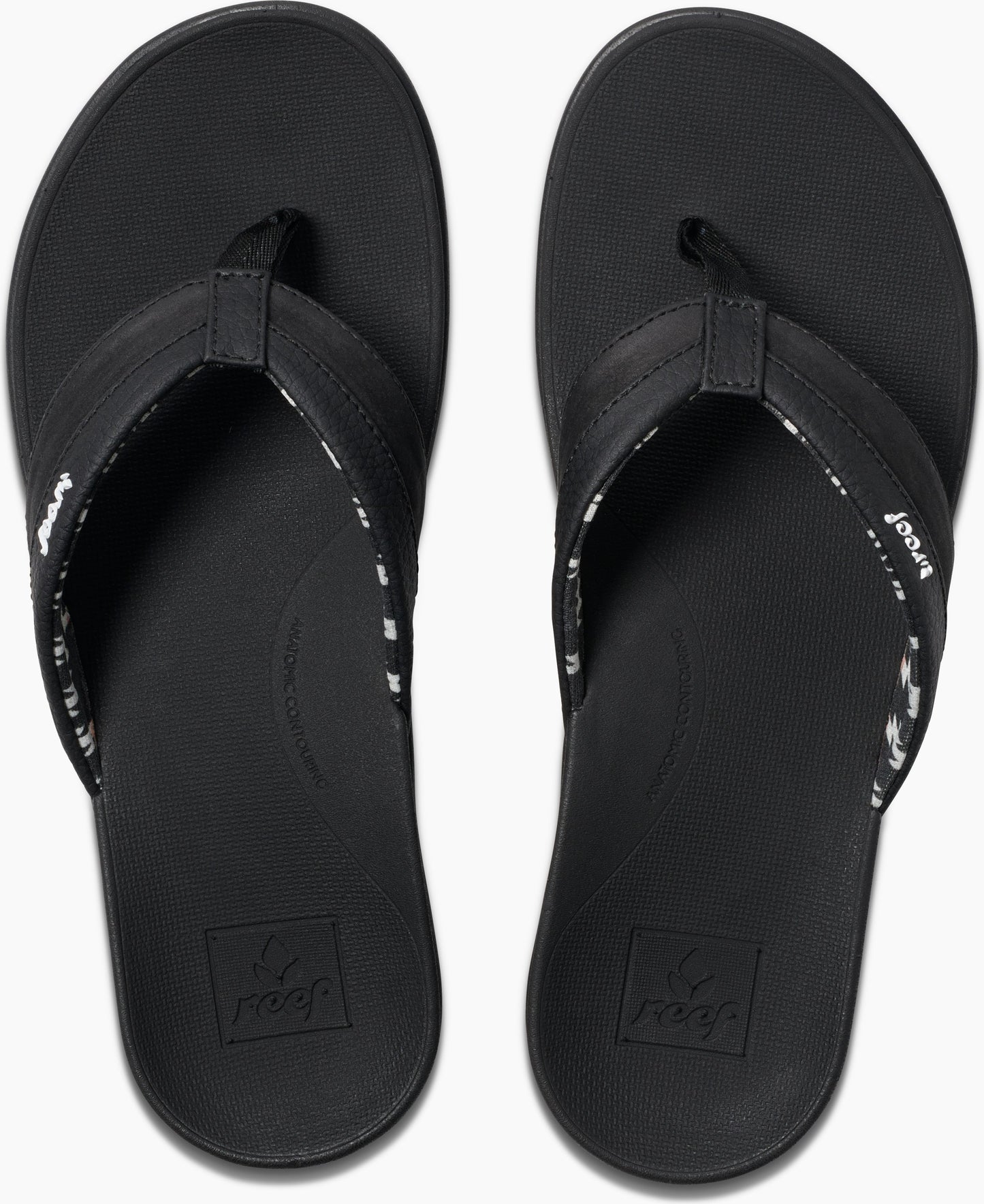 Overhead view of a pair of black flip-flops with a logo at the footbed.