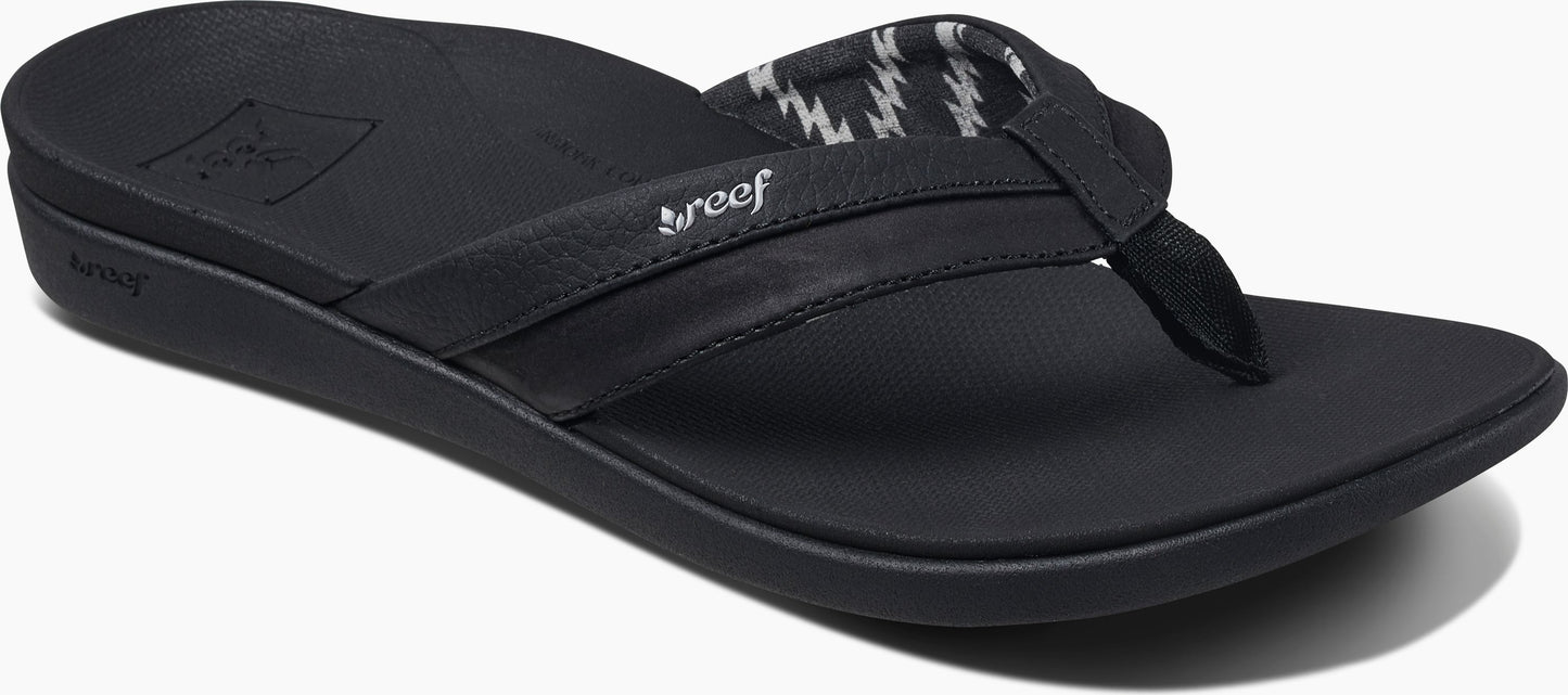 A black sandal with a patterned strap.