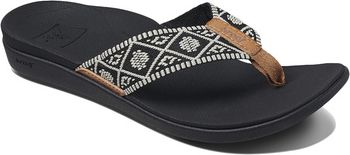 A black sandal with a geometric patterned strap and a brown toe post.