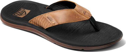 A brown leather sandal.