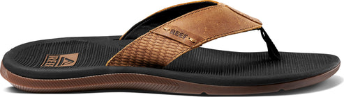 A brown leather sandal with black rubber sole.