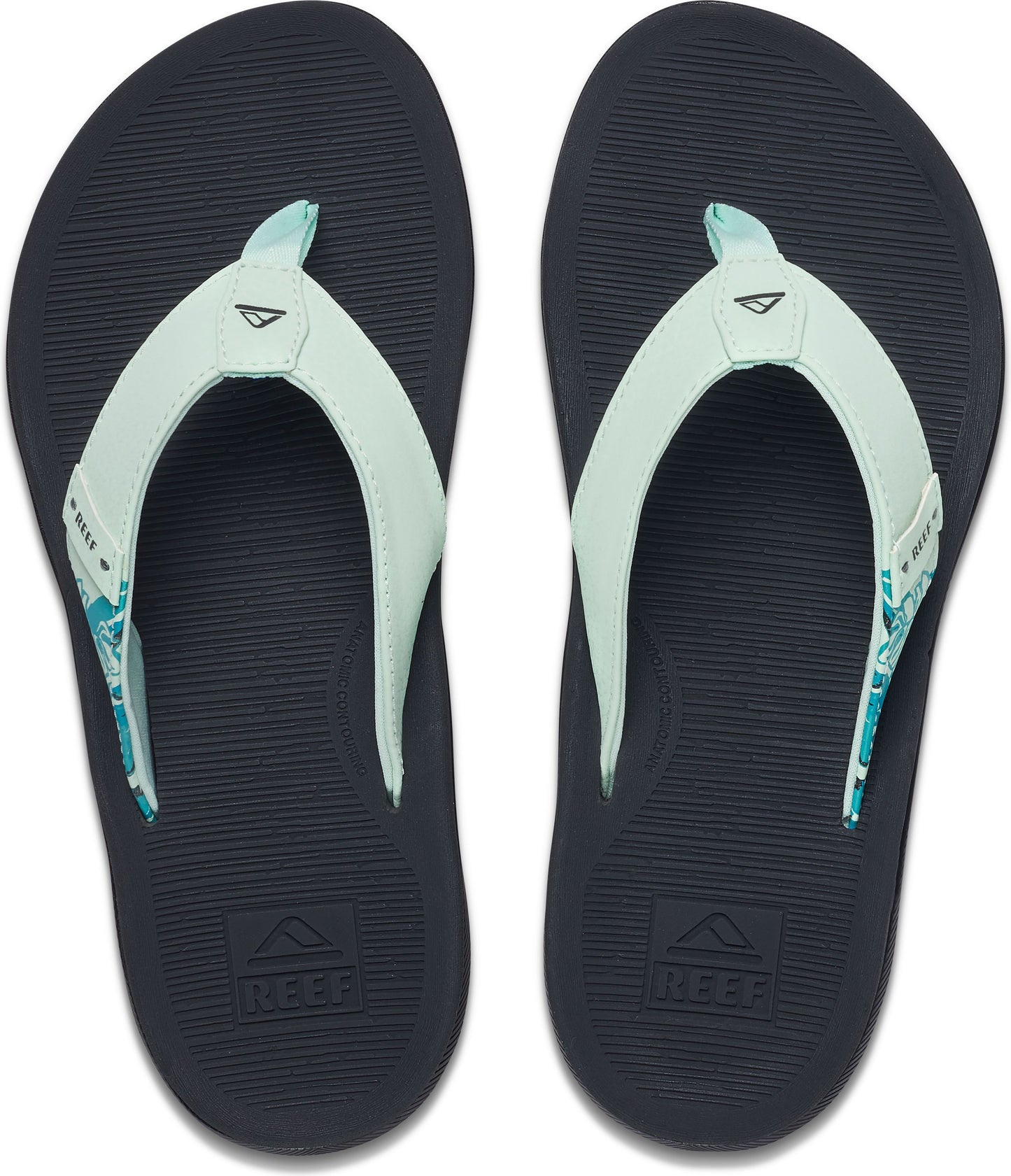 Navy blue flip-flops with white straps and floral accents.
